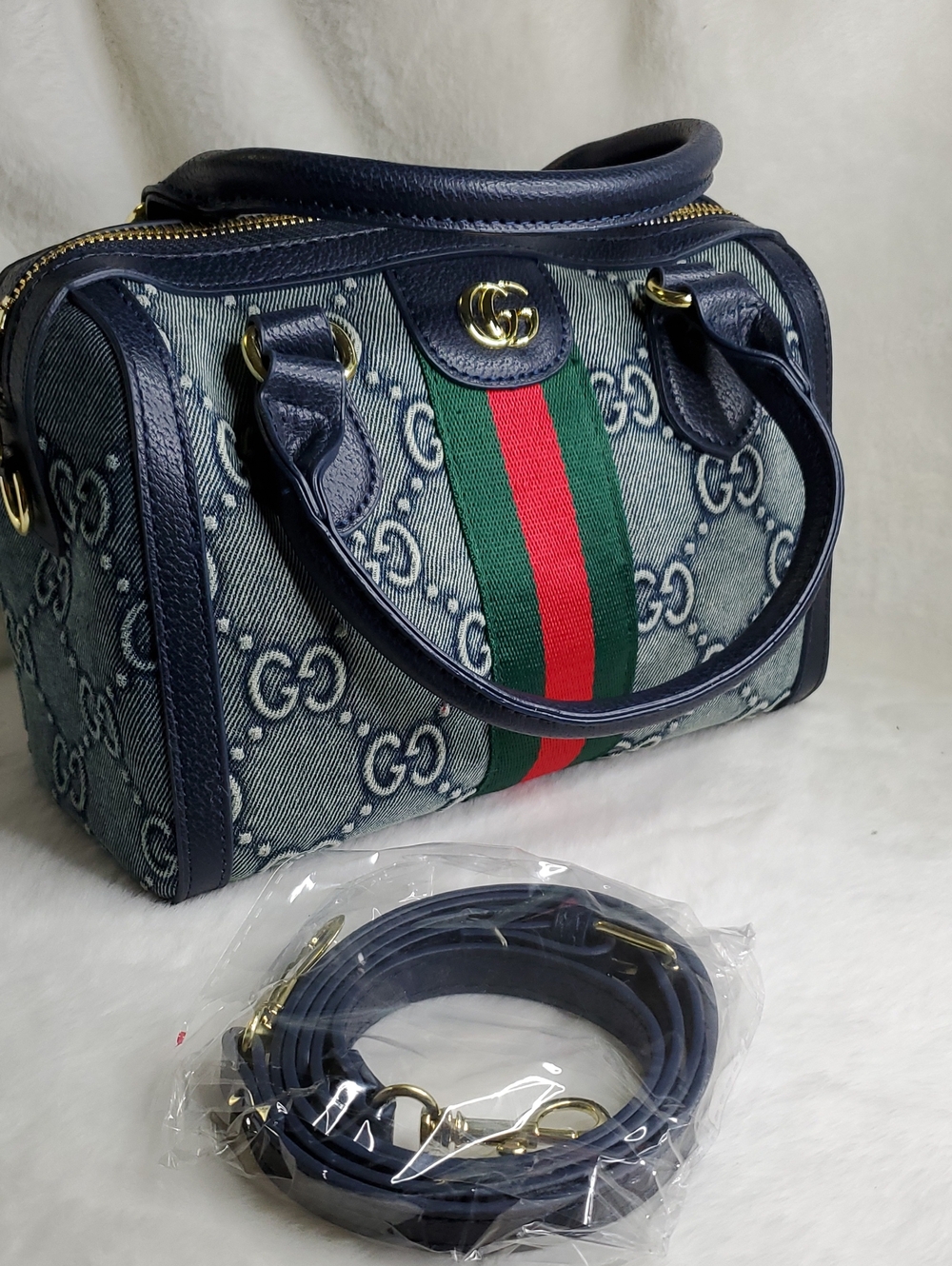 Source Unknown Blue Denim Satchel with Green-Red Web Stripe